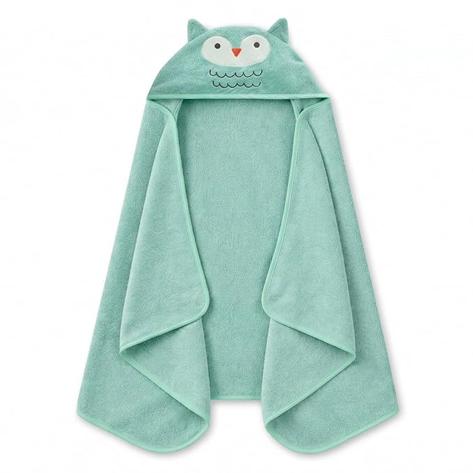Delta Children Kids Hooded Bath Towel with Pockets - Super Soft and Absorbent- Great Gift for Boys and Girls, Light Teal Owl