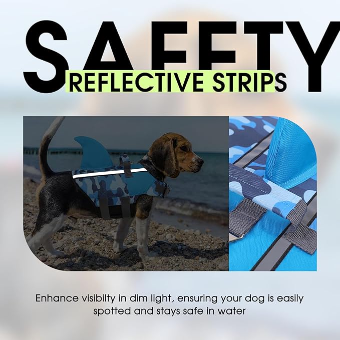 SUNFURA Dog Life Jacket Shark Life Vest for Dogs, Adjustable Swmming Vest with High Buoyancy, Safety Lifesaver with Rescue Handle for French Bulldog Small Medium Breeds, BlueCamo M
