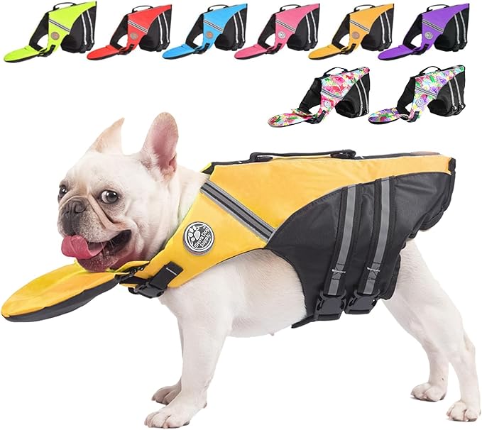 French Bulldog Life Jacket, High Flotation Dog Life Vest for Swimming Boating, Reflective Dog Swim Vest with Chin Float and Rescue Handle (Chest Girth: 17" to 30",Weight: 17" to 28" LB)