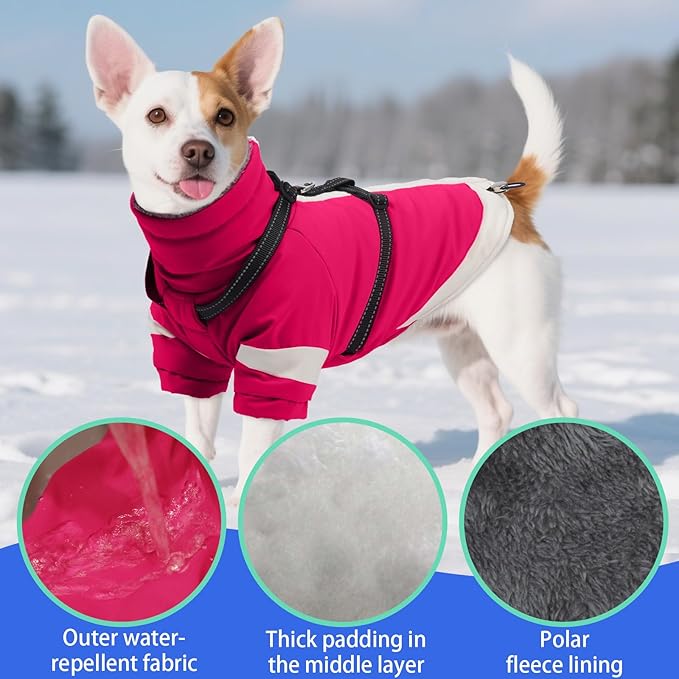 MIGOHI Waterproof Dog Coat with Harness Adjustable Dog Jacket Pet Winter Coat with Zipper,Christmas Small Fleece Jacket for Small Dogs,Extra Long Sleeves Warm Winter Snowsuit for Dogs,M,Rosered