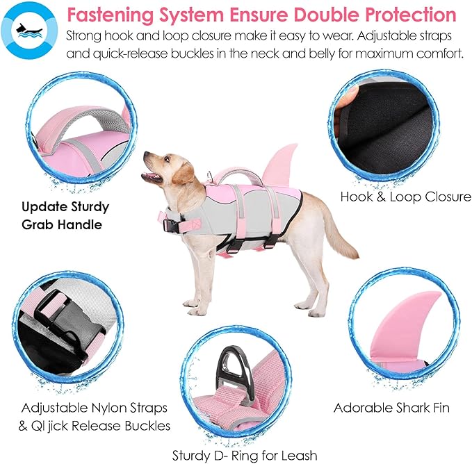 AOFITEE Dog Life Jacket, Dog Life Vest for Swimming, Shark Dogs Swimming Vest with Rescue Handle and Reflective Stripe, Ripstop Pet Float Coat Swimsuit Lifesaver Small Medium Large Dogs Pink XS