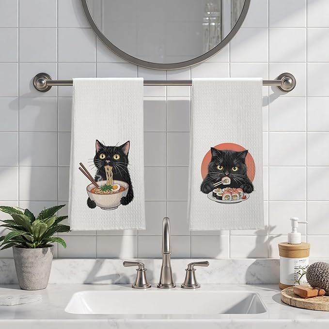 Funny Black Cat Kitchen Towels Set of 2, Cat Lovers Mom Lady Gifts Dish Tea Towels for Kitchen, Vintage Japanese Noodles Sushi Black Cats Decorative Hand Towels, 16x24 Inches