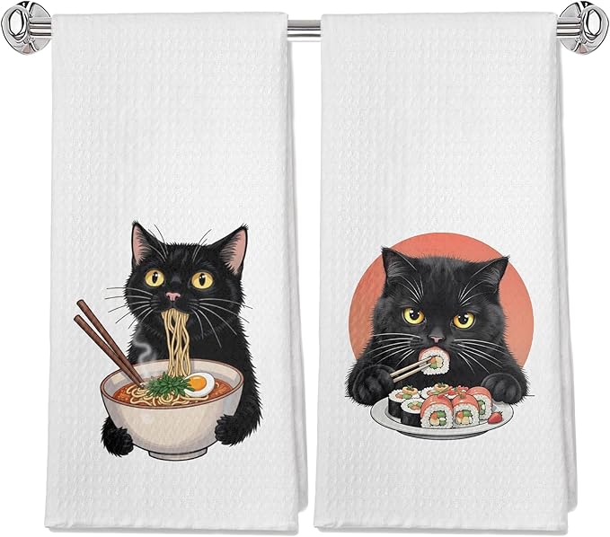 Funny Black Cat Kitchen Towels Set of 2, Cat Lovers Mom Lady Gifts Dish Tea Towels for Kitchen, Vintage Japanese Noodles Sushi Black Cats Decorative Hand Towels, 16x24 Inches