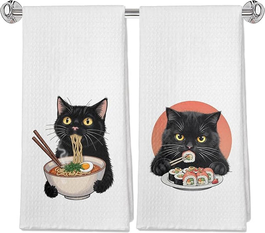 Funny Black Cat Kitchen Towels Set of 2, Cat Lovers Mom Lady Gifts Dish Tea Towels for Kitchen, Vintage Japanese Noodles Sushi Black Cats Decorative Hand Towels, 16x24 Inches