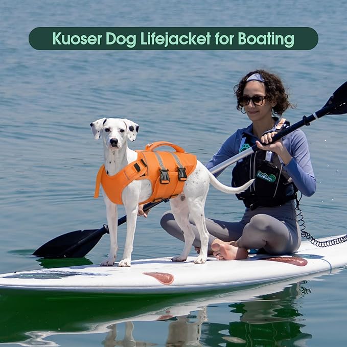 Kuoser Dog Life Jacket, High Flotation Dog Life Vest for Swimming Boating, Adjustable Ripstop Pet Lifesaver for Small Medium and Large Dogs, Reflective Safety Puppy Swimming Vest with Rescue Handle