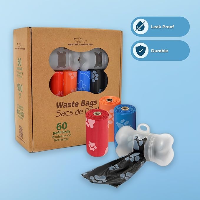 Best Pet Supplies Dog Poop Bags (900 Bags) for Waste Refuse Cleanup, Doggy Roll Replacements for Outdoor Puppy Walking and Travel, Leak Proof and Tear Resistant, Thick Plastic - Assorted Colors
