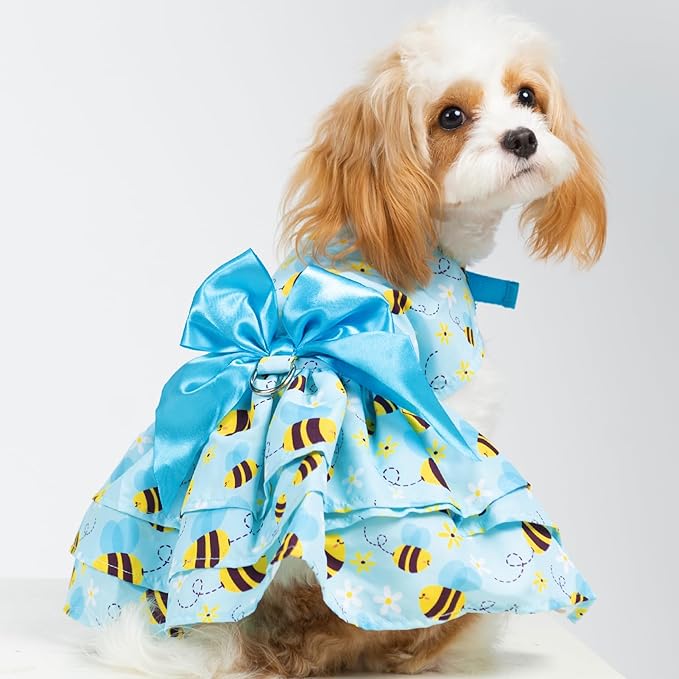 PUPTECK Cute Dog Dress with Bowknot and Leash Ring, Soft Breathable Dog Clothes Puppy Princess Girl Outfit, Pet Apparel Costume for Small Medium Sized Dogs, Blue Yellow Bee S