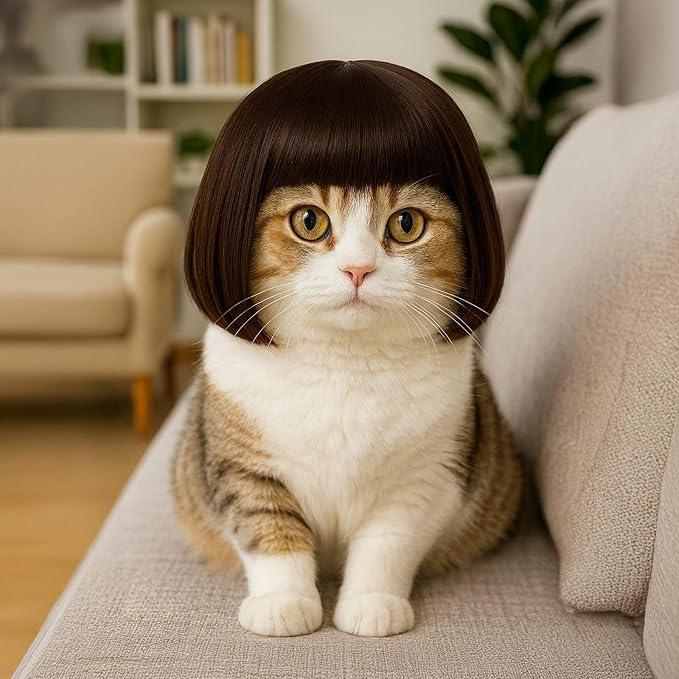 Funny Dog Wig for Small Medium Large Dogs, 7 Inches Pet Costume Elastic Cat Cosplay Wig Decoration for Halloween, Christmas, Parties（Brown）