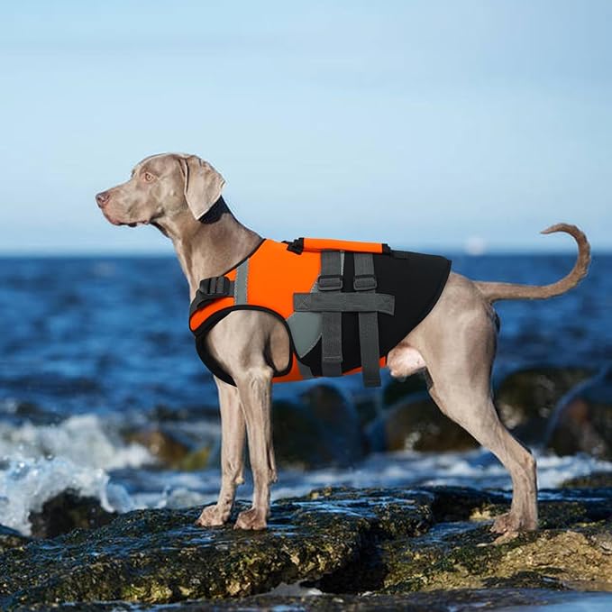 Kuoser Dog Life Jacket, Large High Flotation L Dog Life Vest for Swimming Boating, Reflective Dogs Swimsuit Lifejacket, Pet Life Preserver with Double Rescue Handle, Orange, L
