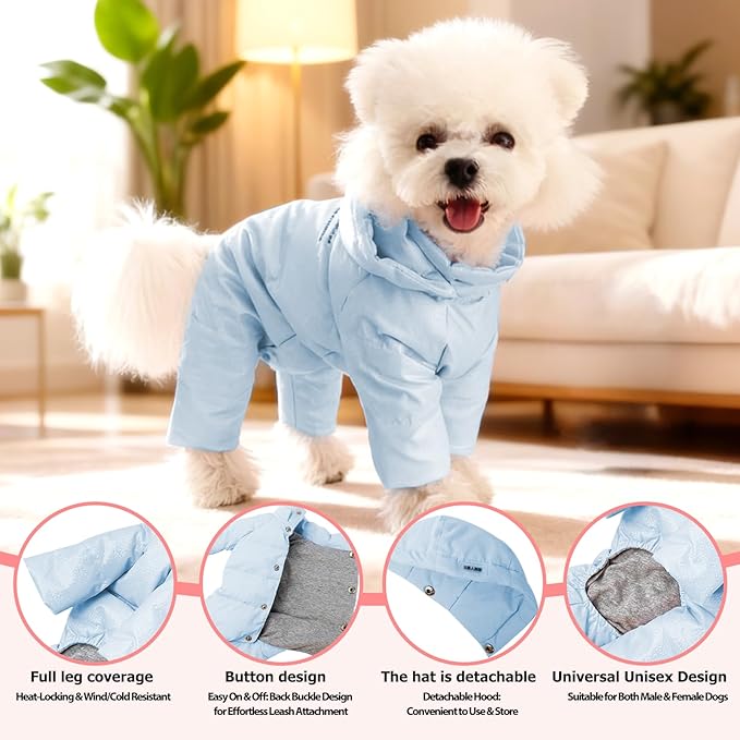 White Duck Down Dog Coat - 4-Leg Coverage, Waterproof Windproof Warm Winter Snowsuit, Cotton Anti-Static Lining, Built-in Harness Hole for Small/Medium Dogs,Size 16(XXL) Sky Blue