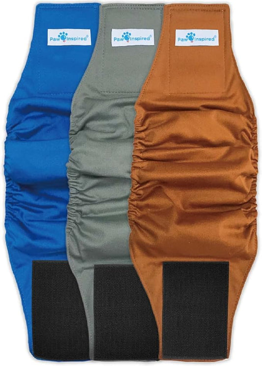 Paw Inspired 3-Count Reusable Male Dog Wraps, Washable Diapers for Male Dogs, Belly Bands for Incontinence, Surgery, Male Marking (XS Size, Assorted Colors with Black Lining, Pack of 3)