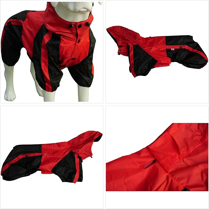 Lovelonglong Border Collie Dog Hooded Raincoat, Rain Jacket Poncho Waterproof Clothes with Hood Breathable 4 Feet Four Legs Rain Coats for Large Dogs Red L-M+