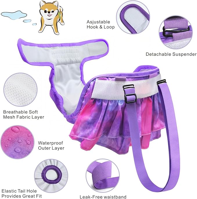 Idepet Female Dog Diapers with Suspender Detachable, 3 Pack Tie Dye Washable Reusable Girl Doggie Diapers for Small Medium Female Dog in Heat Period Cycle Urinary Incontinence Training L