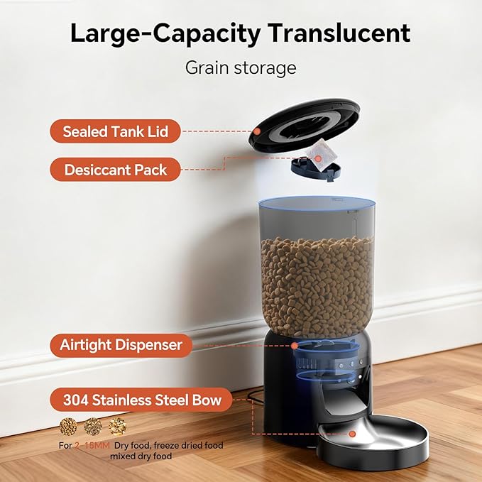Automatic Cet Feeder with Camera, 5G/ 2.4GWiFi, 3K HD App Control - Smart Dog Cat Feeder, 2-Way Audio, Night Vision, Slow Feed, 6L Capacity, Battery Backup, Anti-Jam, Freshness Seal, Black