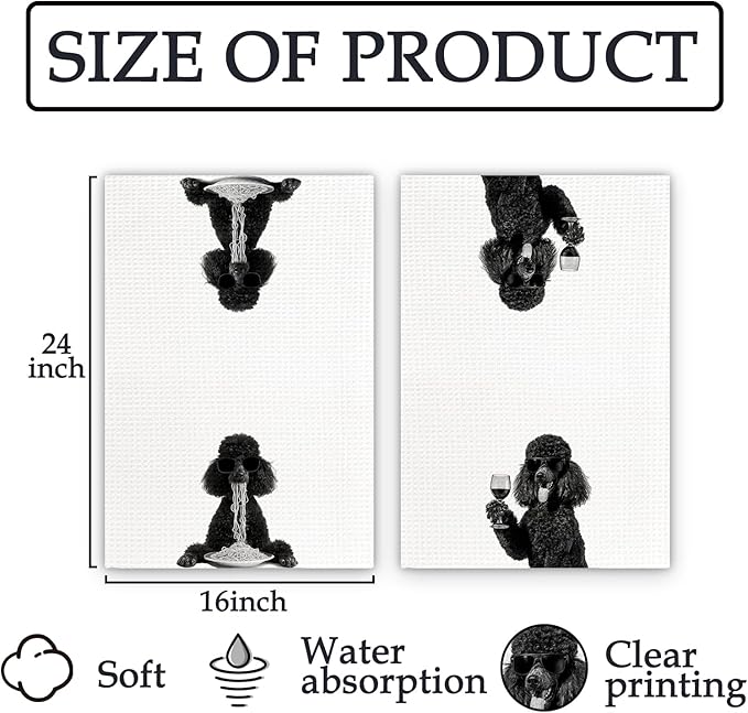Black Poodle Gifts Wine Kitchen Towels Set of 2, Funny Black Poodle Dog Eating Pasta Decorative Hand Dish Towel for Kitchen Home Bar, Gift for PoodleDog Lovers Home Bar Decor(16x24Inch)
