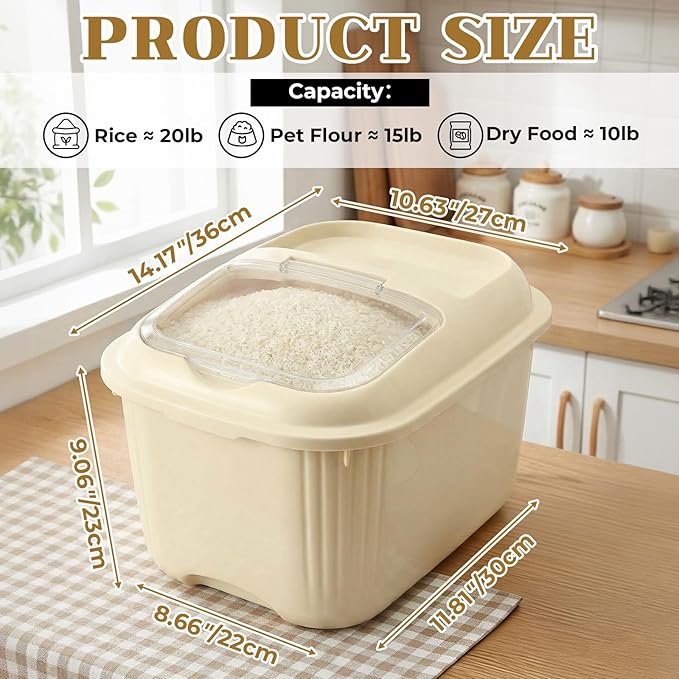 4 Pack Sugar Storage Containers Flour Bin with Wheels Large Pet Dog Food Storage Boxes Measuring Cup Sealed Transparent Flip Lid Portable Household Rice Container Set (Yellow,20 Lbs)