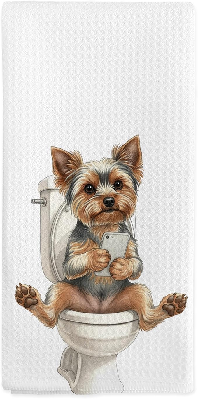 Funny Yorkshire Terrier Gifts Hand Towels, Yorkie Bathroom Decor, Yorkie Gifts for Women, Funny Yorkies Dog Dish Tea Towels, Yorkshire Terrier Hand Towel for Toilet Kitchen Decor, 16x24 Inch