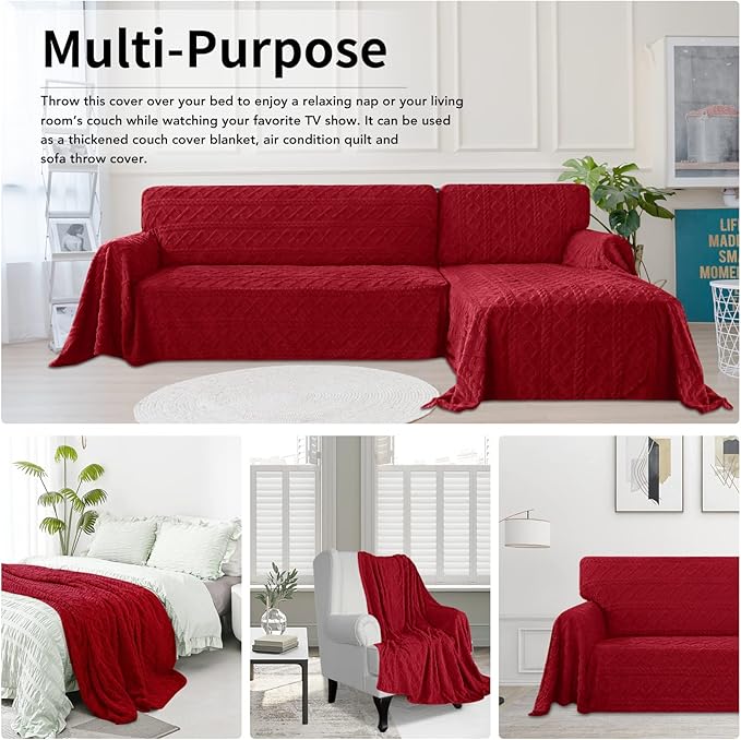 Easy-Going 80X102 inches Chair Sofa Cover, Jacquard Velvet Couch Slipcover for 1 Cushion Couch, L Shape Sectional Covers for Dogs, Washable Sofa Blanket, Furniture Protector for Pets, Christmas Red