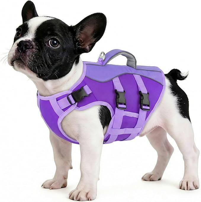Dog Life Jacket, High Buoyancy Dog Life Vest with Handle for Swimming Boating, Adjustable Swimming Vest with Reflective Trim for Small Medium Large Dogs - Purple, XS