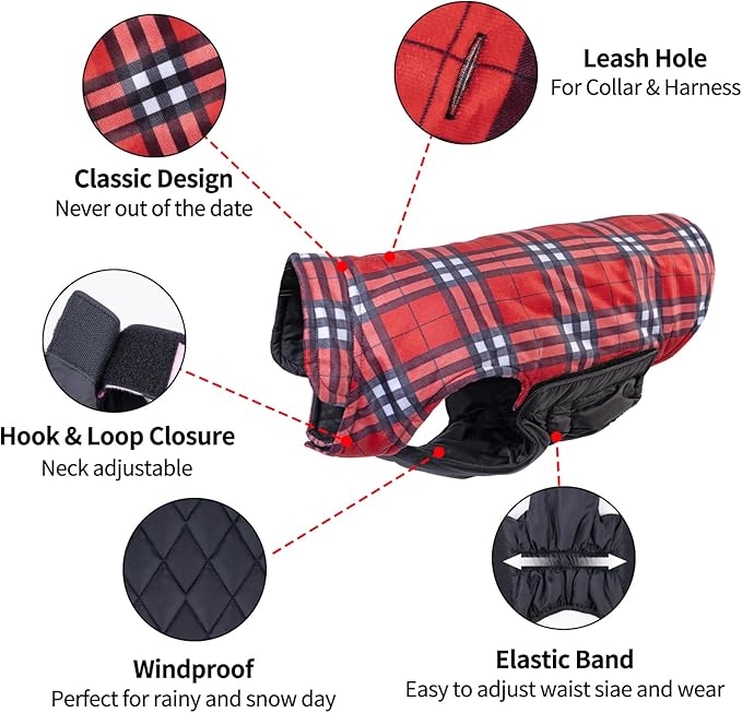 CuteBone Winter Dog Coat - Waterproof Windproof Reversible Vest, Thick Adjustable Cold Weather Jacket for Small Medium Large Dogs, Soft with Leash Hole