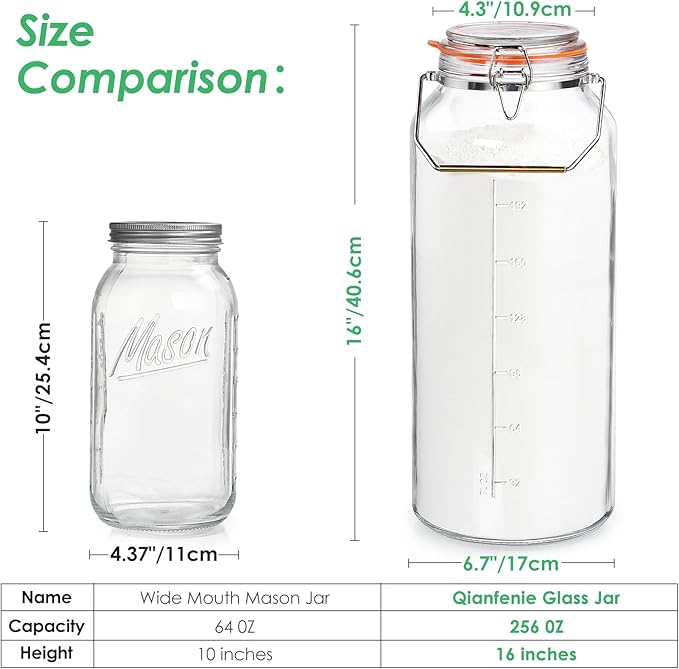 2 Gallon Glass Jar with Airtight Lid(7600ML), Gallon Airtight Glass Storage Jar with Stainless Steel Handle - Large Glass Food Storage Container with Lid Flour, Sugar, and Dog Treats