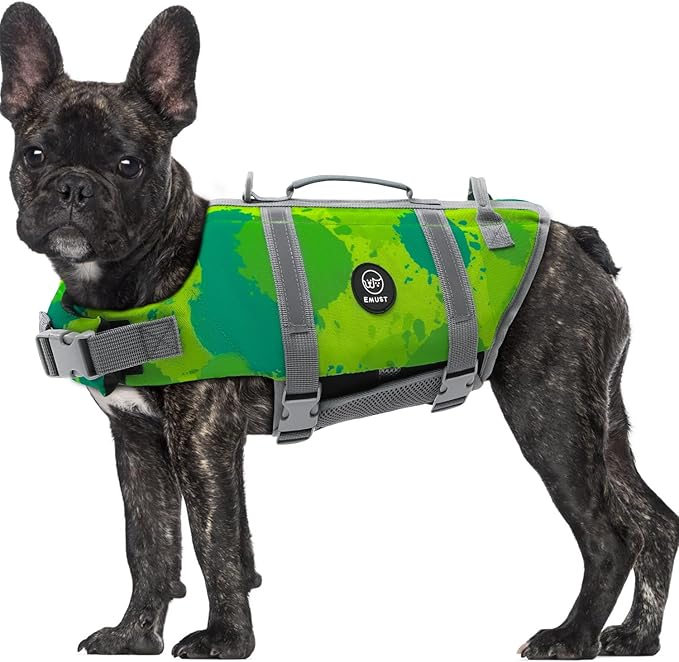 EMUST Dog Life Vests, Adjustable Dog Life Jacket with Rescue Handle, Dogs Flotation Vest for Small/Medium/Large Dogs, XS, MultiGreen