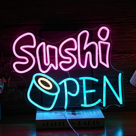 Sushi Open Neon Sign for Wall Decor - Dimmable LED Open Sign for Business - USB Powered Light for Sushi Shop, Restaurant, Kitchen, Home Decor