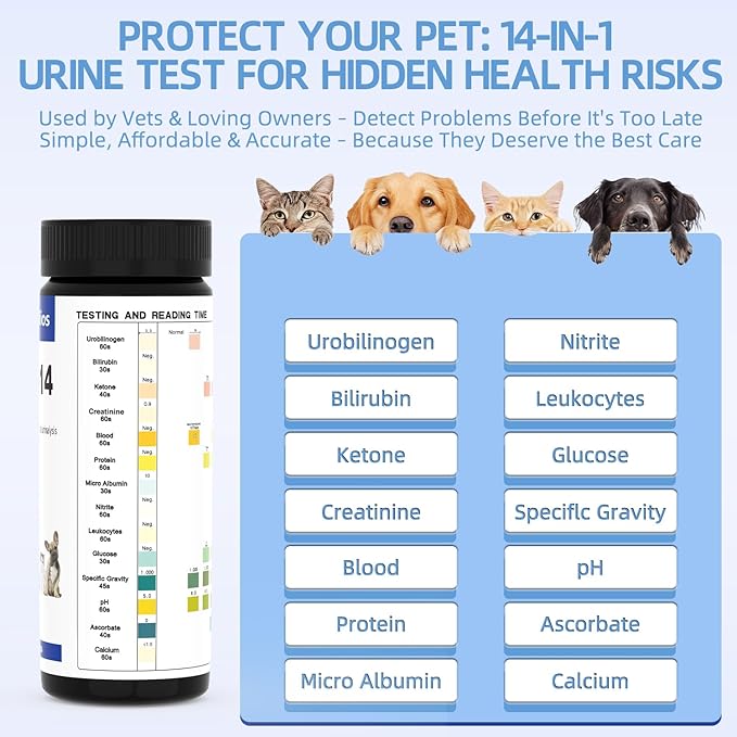 14-Parameter Dog&Cat UTI & Blood Test Strips, 100ct Detect Ketone Urine Protein Glucose Bladder Full Panel Urinalysis Urinary Tract Infection Test Kits Prime Home Testing Supplies for Vet