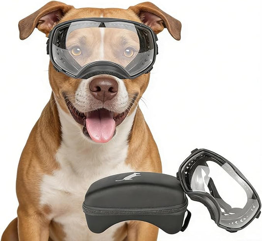 NAMSAN Clear Dog Goggles for Large Dogs, Wide Eyecup & Soft Frame, Anti-UV Sunglasses for Dogs Medium to Large Breed, Driving Dog Eye Protection, Windproof Dustproof, Adjustable, Black Frame