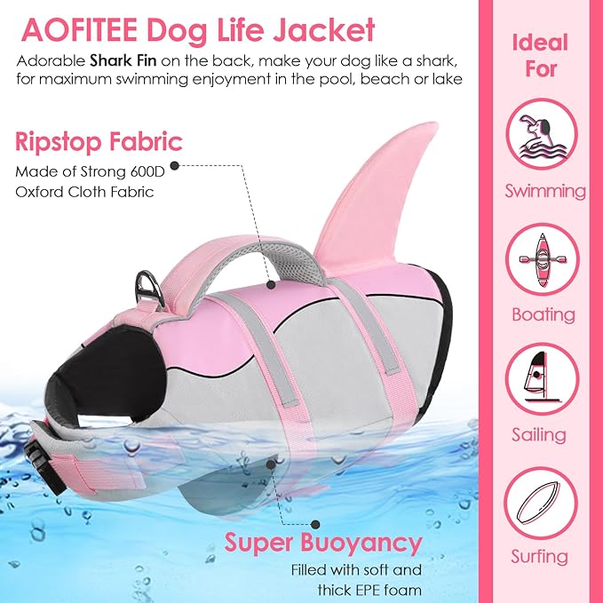 AOFITEE Dog Life Jacket, Dog Life Vest for Swimming, Shark Dogs Swimming Vest with Rescue Handle and Reflective Stripe, Ripstop Pet Float Coat Swimsuit Lifesaver Small Medium Large Dogs Pink XS