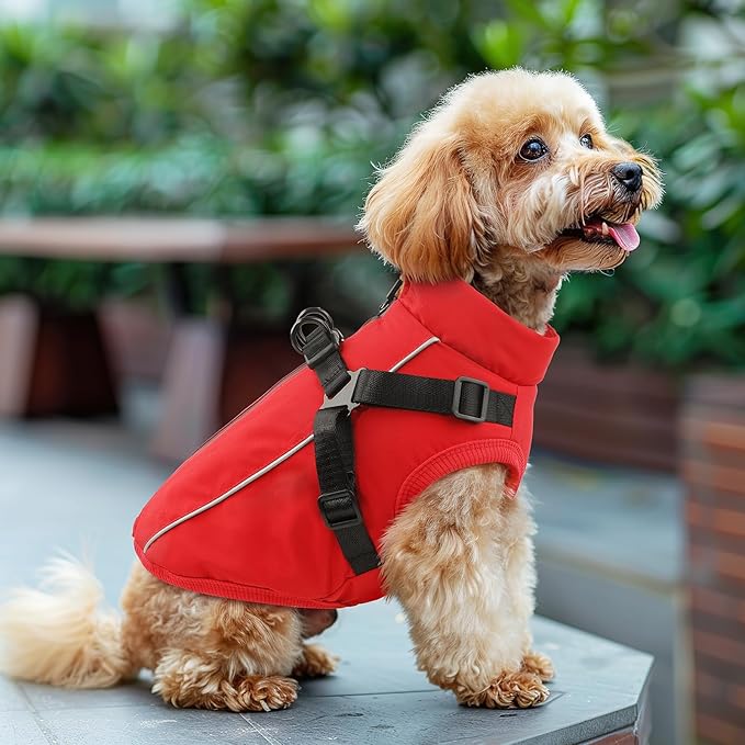 Dog Winter Coat Reflective Water-Resistant Jacket, Fleece Lined Windproof Puppy Coat with Back Zipper & D-Ring, Cold Weather Dog Coats for Small Medium Dogs (L, Red)