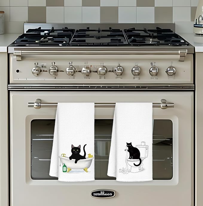 Funny Black Cat Bathroom Hand Towels Set of 2, Cat Gifts for Kids, Kids Bathroom Decor, Black Kitty Hand Towels for Bath Room Washroom Toilet, Cats Lover Mom Gifts, 16x24 Inch