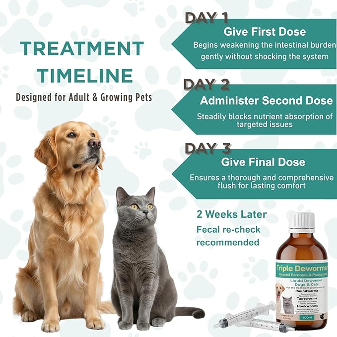 Dewormer Liquid for Cats and Dogs Broad Spectrum,Pyrantel Pamoate and Praziquantel Targets Tapeworm Roundworm and Hookworm Fast Acting Solution for Puppy Kitten Small Medium Large Breeds 100ML
