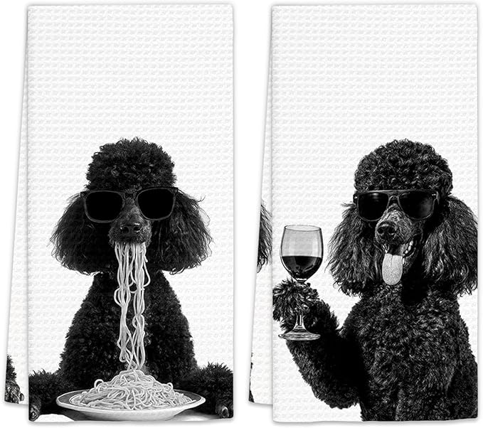 Black Poodle Gifts Wine Kitchen Towels Set of 2, Funny Black Poodle Dog Eating Pasta Decorative Hand Dish Towel for Kitchen Home Bar, Gift for PoodleDog Lovers Home Bar Decor(16x24Inch)