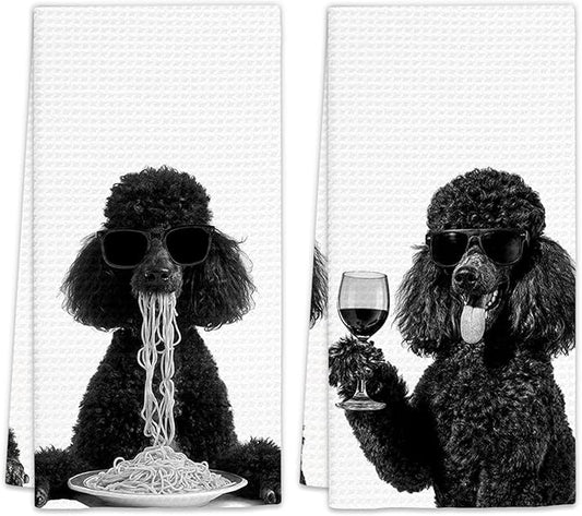 Black Poodle Gifts Wine Kitchen Towels Set of 2, Funny Black Poodle Dog Eating Pasta Decorative Hand Dish Towel for Kitchen Home Bar, Gift for PoodleDog Lovers Home Bar Decor(16x24Inch)
