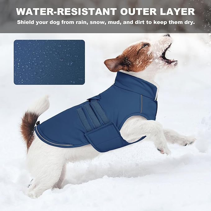 Mklhgty Extra Warm Dog Coat, Waterproof Dog Winter Jacket with Leash Portal, Fleece Reflective Pet Snow Vest for Small Medium Large Dogs - Blue - S