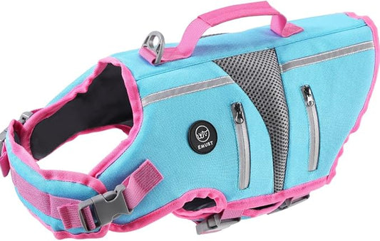 EMUST Dog Life Jacket, Small Dog Swimming Vest with Breathable Mesh, High Visibility Pet Safety Vest for Small Medium Large Dogs, PFD for Small Medium Large Dogs, Blue, S