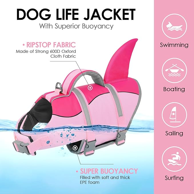 AOFITEE Dog Life Jacket, Dog Life Vest for Swimming, Reflective Puppy Safety Vest with Superior Buoyancy and Rescue Handle, Adjustable Dogs Swimsuit Float Coat for Small Dogs, Pink Shark XS
