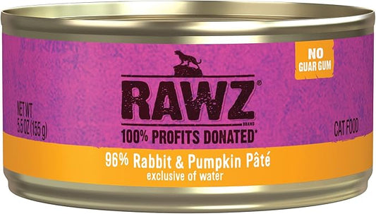 Rawz Natural Premium Pate Canned Cat Wet Food - Made with Real Meat Ingredients No BPA or Gums - 5.5oz Cans 24 Count (Rabbit & Pumpkin)