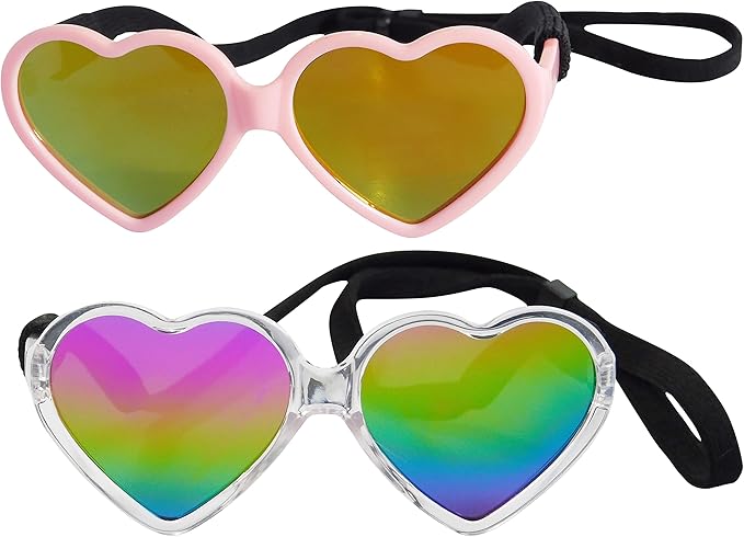 G012 Dog Pet Costume Prop Sunglasses Heart Shape Medium Breeds 20lb-40lbs (2-Pack Clear-Rainbow mr+Pink-Pink mr)
