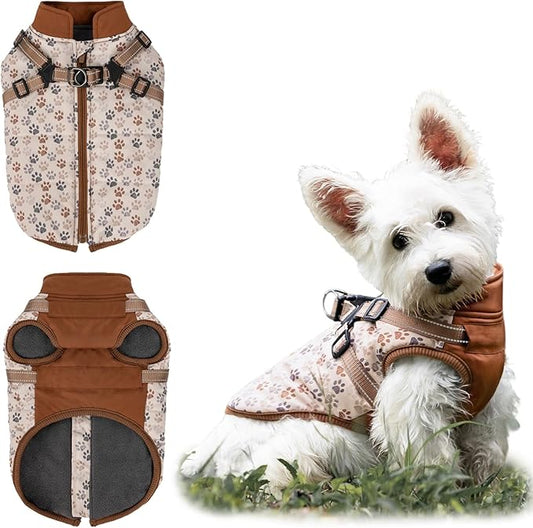 Dog Winter Coat for Small & Medium Dogs, Waterproof Dog Coat with Harness, Puppies Windproof Puppy Puffer Jacket, Snowsuit for Dachshund, Frenchie, Corgi (Paw Brown,L)