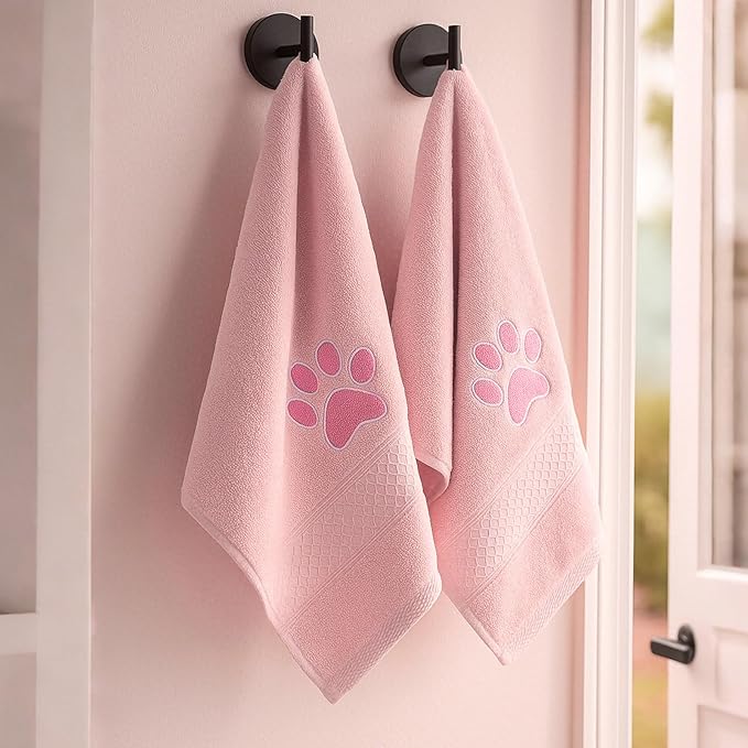 2 Pcs Dog Paw Hand Towels Pink Bathroom Decor 13 x 29 Inch 100% Cotton Embroidered Soft Hand Towels Absorbent Farmhouse for Kitchen Restroom