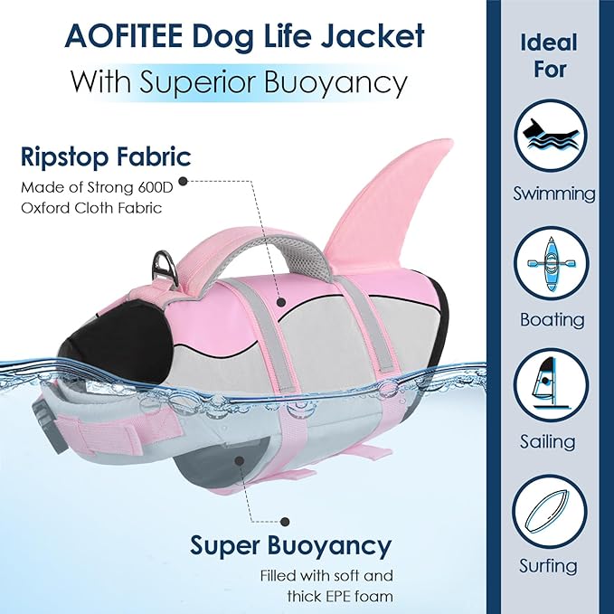 AOFITEE Dog Life Jacket, Shark Dog Life Vest for Swimming Boating, High Flotation Pet Lifesaver with Rescue Handle, Reflective French Bulldog Lifejacket, Life Jackets for Small Medium Large Dogs, M