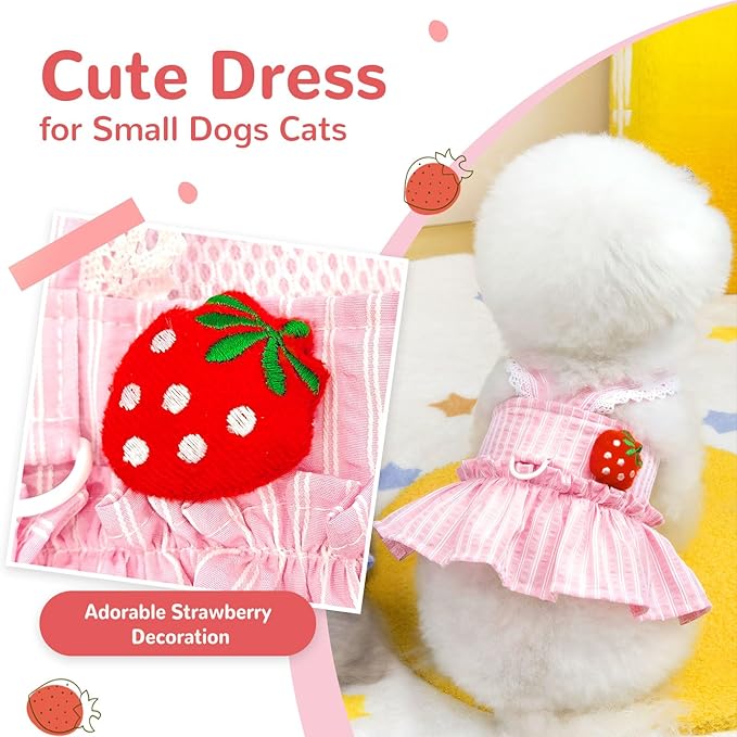 Cute Strawberry Small Dog Dress with D-Ring Princess Lace Girl Female Dog Clothes Spring Summer Breathable Mesh Pet Puppy Cats Harness Dress for Shih Tzu Yorkies Chihuahua Maltese(Pink,Medium)