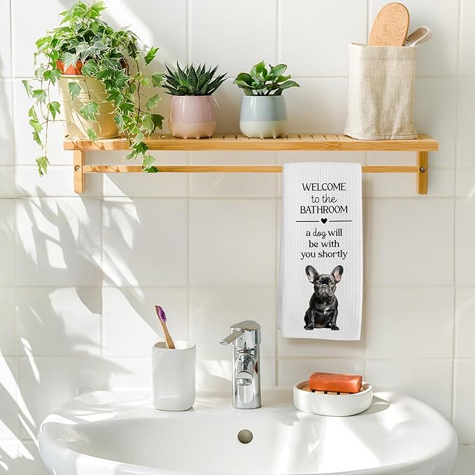 Funny French Bulldog Dog Hand Towels, Black French Bulldog Gifts Hand Towel, A Dog Will Be with You Shortly Decorative Towel Bath Towel for Bathroom, Funny FrenchieDog Bathroom Decor, 16x24in