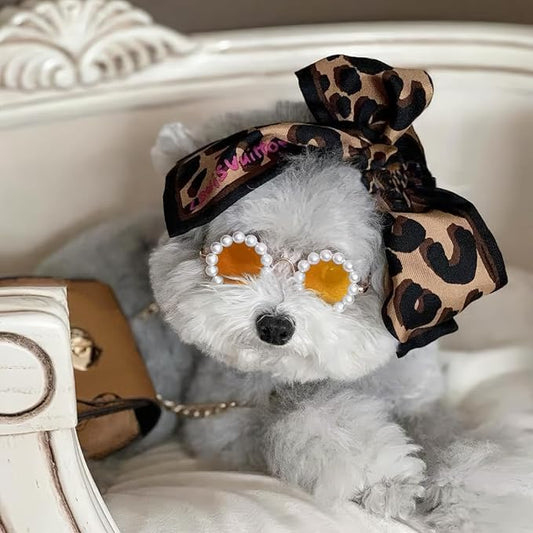 KUDES Cute Dog Sunglasses Pearl Dog Sunglasses Small Medium Breed Girl Holiday Party Pet Costume Accessories (Gold, Medium)