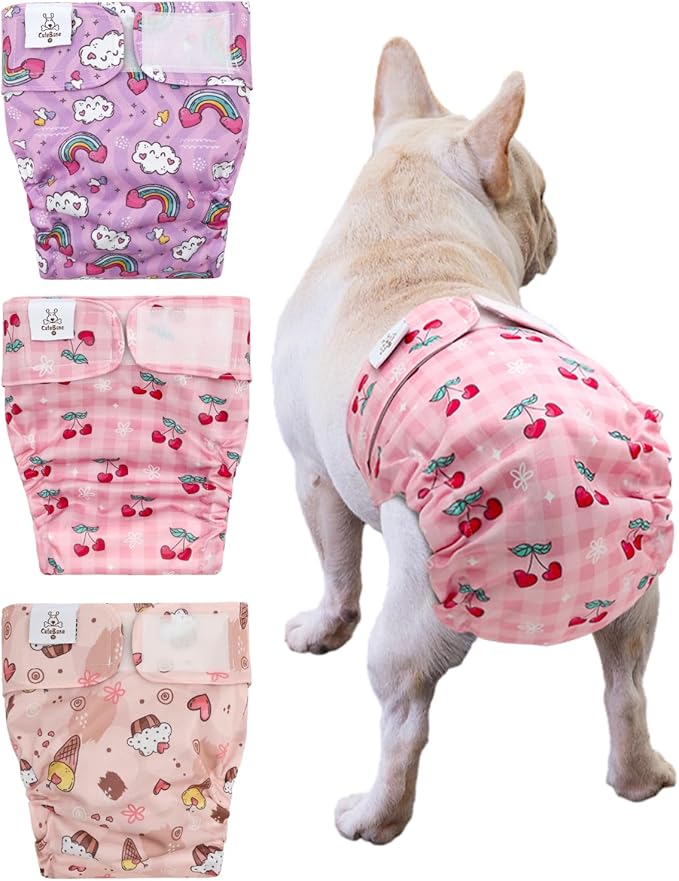 CuteBone Washable Dog Diapers Female No Tail Hole 3 Pack Reusable Doggie Period Training Pants for Docked-Tail Frenchie French Bulldog Boston Terrier Without Tail WWD29L