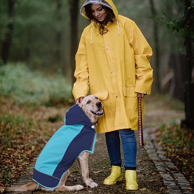 IECOii Dog Raincoat,Waterproof Rain Jacket for Medium Dogs,Adjustable Pet Rain Coat with Magic Sticker Closure,Reflective Doggy Raincoat with Hood,Perfect for Night Walking,Blue,M