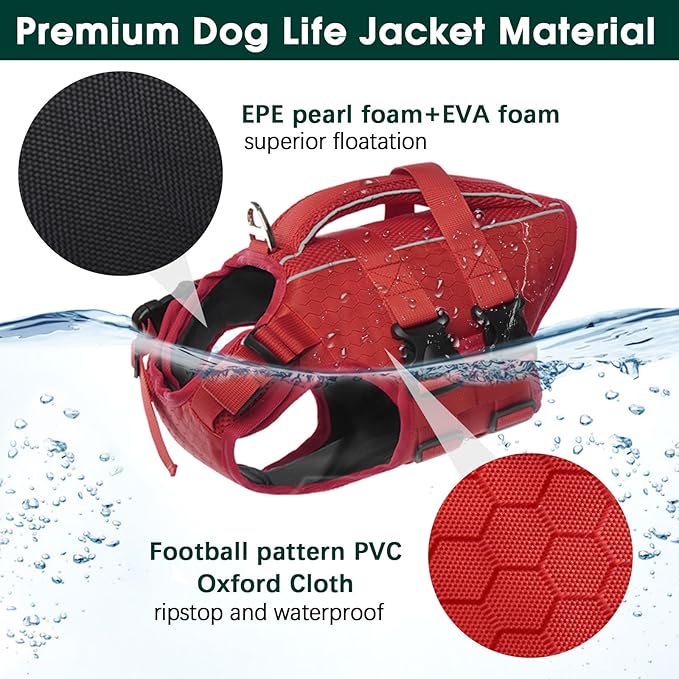 Kuoser Dog Life Jacket High Flotation, Reflective Dogs Life Vest for Swimming Boating, Adjustable Small Medium Large Dog lifejacket, Lightweight Dogs Life Preserver Rescue Handle Spring Summer Pool