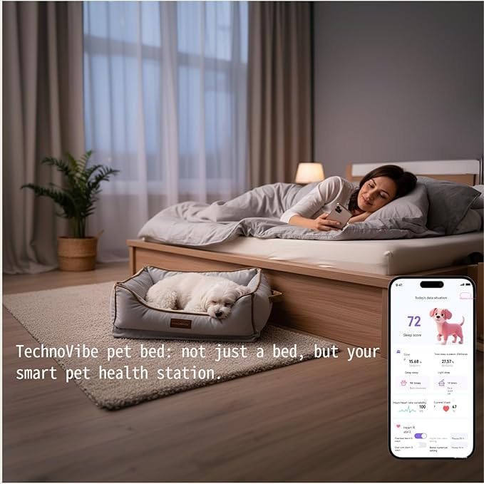 Smart Pet Bed with Health Monitoring System, Gray Orthopedic Dog Sofa, Digital Display, Heart Rate Detection, Sleep Tracking, Cloud Connected (Gray, Medium)